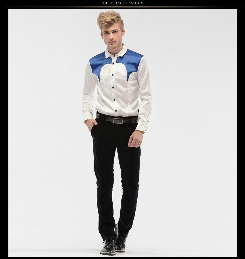 Blue Patchwork On Shoulder Men White Long Sleeve Slim Shirt - FanFreakz