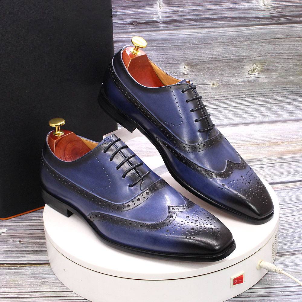 Blue Handmade Lace Up Wingtip Oxford Shoes
