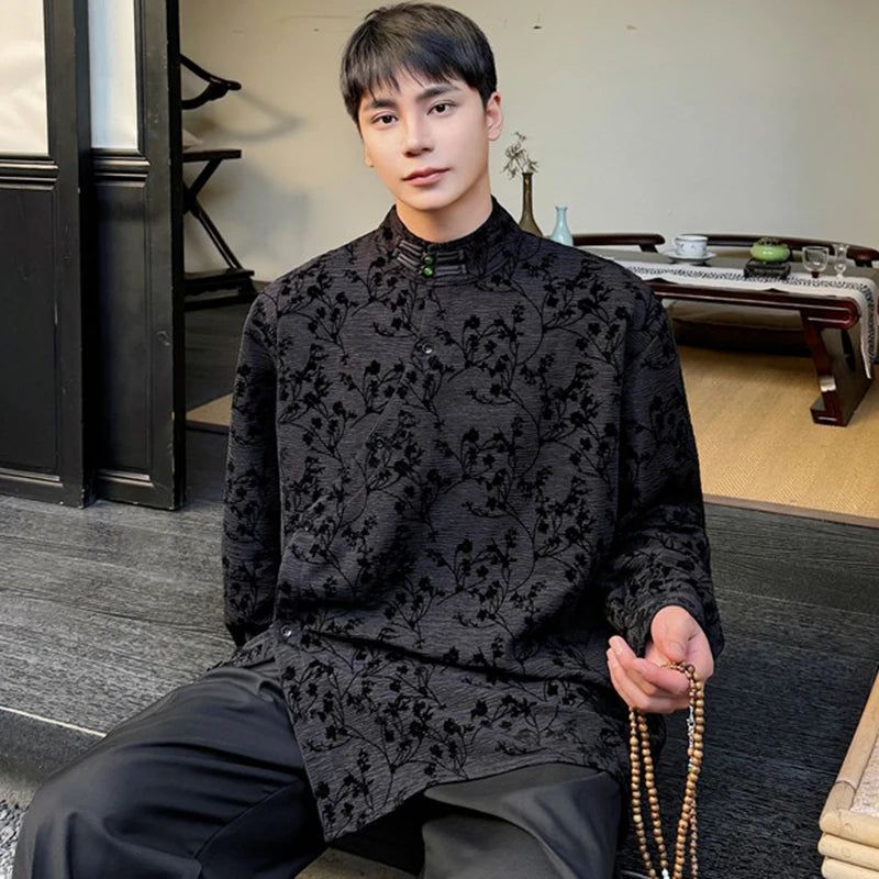 Floral Flocking Stand Collar Shirt