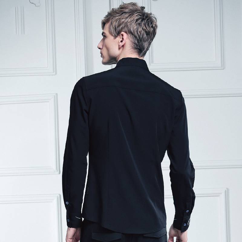 Casual Black with Thorn Embroidered Asymmetry Button Men Shirt