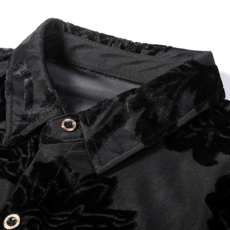 Semi Transparent Dark Floral Pattern Men Long Sleeves Velvet Shirt