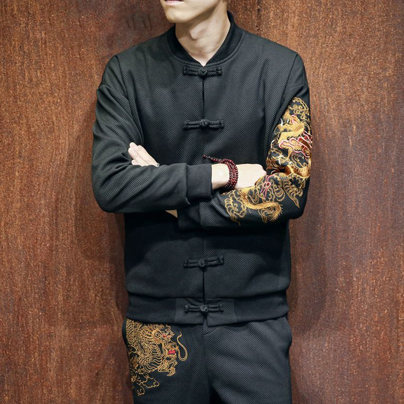 Black with Embroidery Chinese Style Men Jacket - FanFreakz
