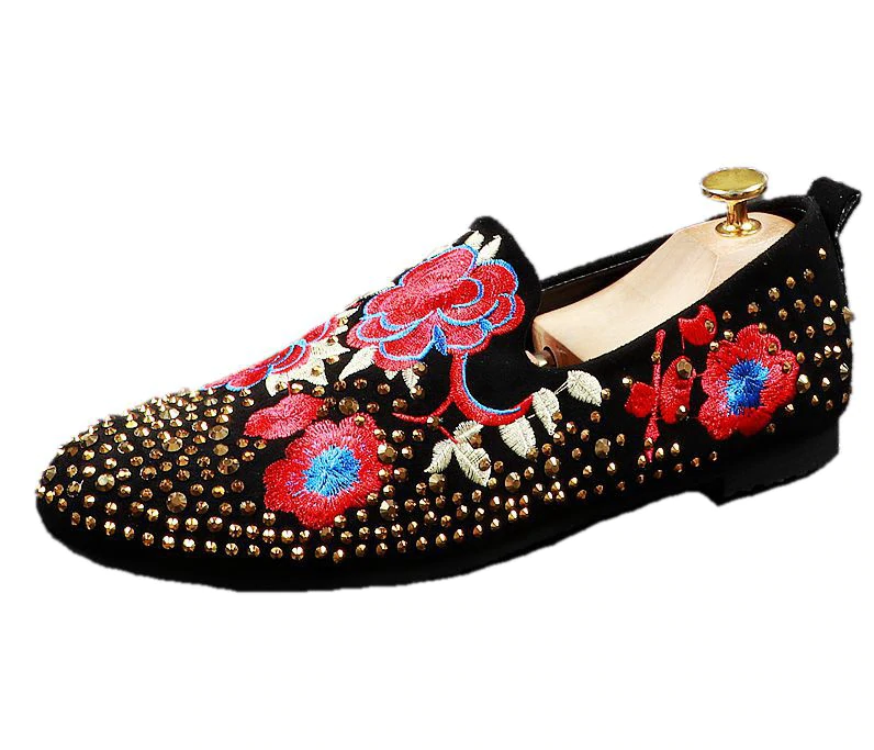 Black with Crystal and Flowers Embroidery Pattern Men Loafers Shoes