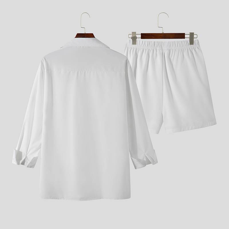 White Black Leaves Printed Long Sleeve Shirt Short Sets