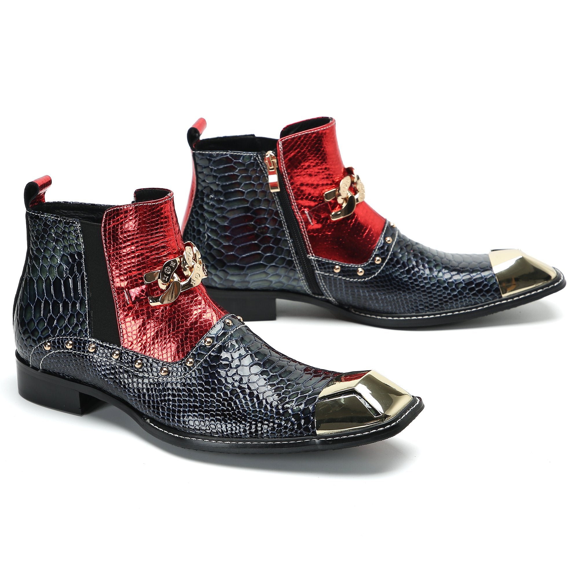 Snake Pattern Metal Appliques Genuine Leather Boots