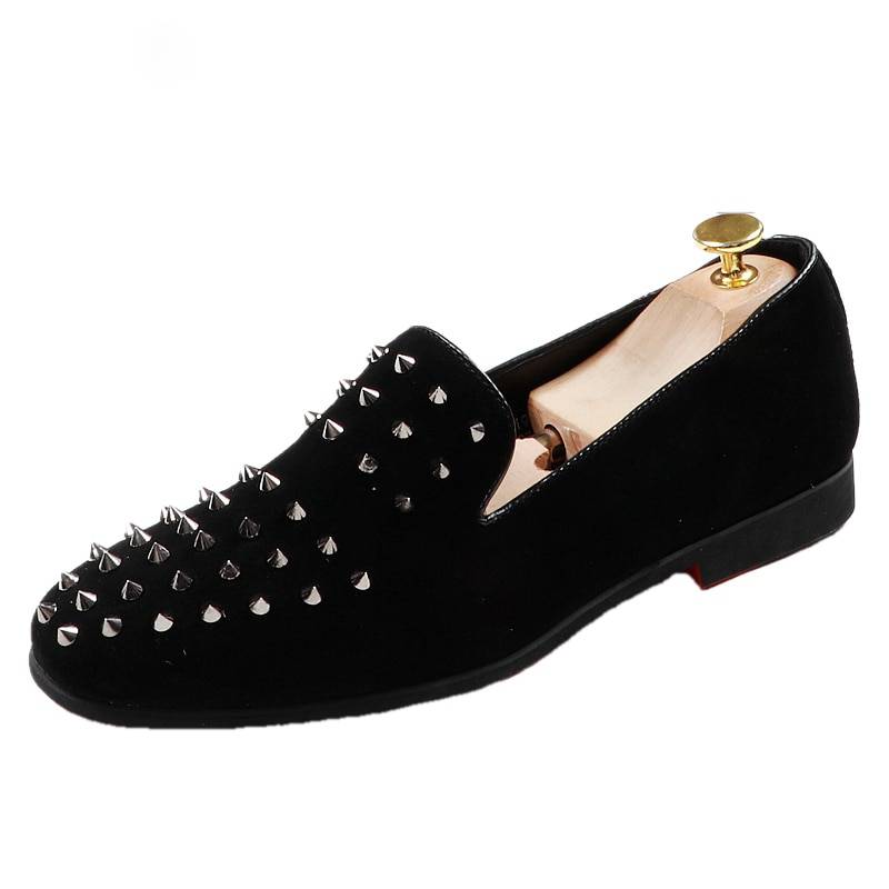 Solid Black Rivets Punk Style Men Loafers Shoes