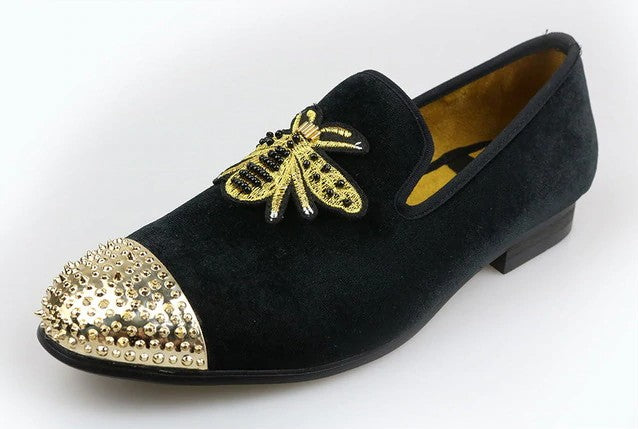 Golden Bee with Rivets Toes Men Velvet Loafers