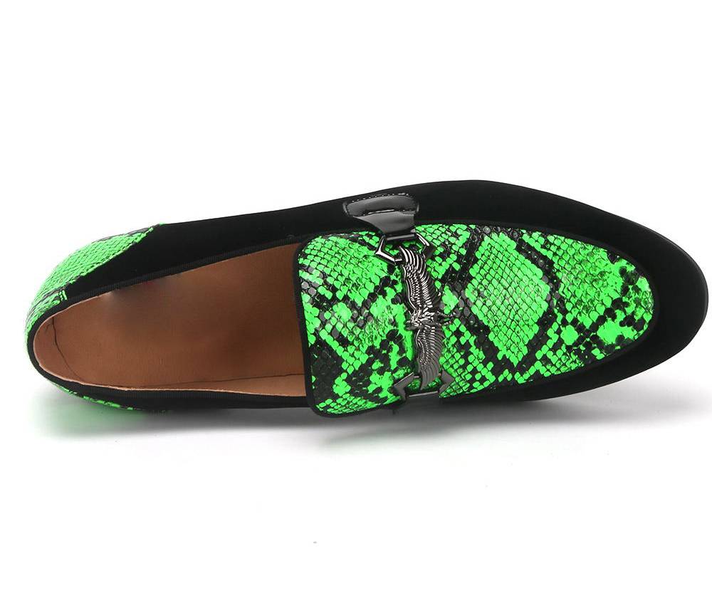 Black Green Snake Pattern Men Loafers Shoes