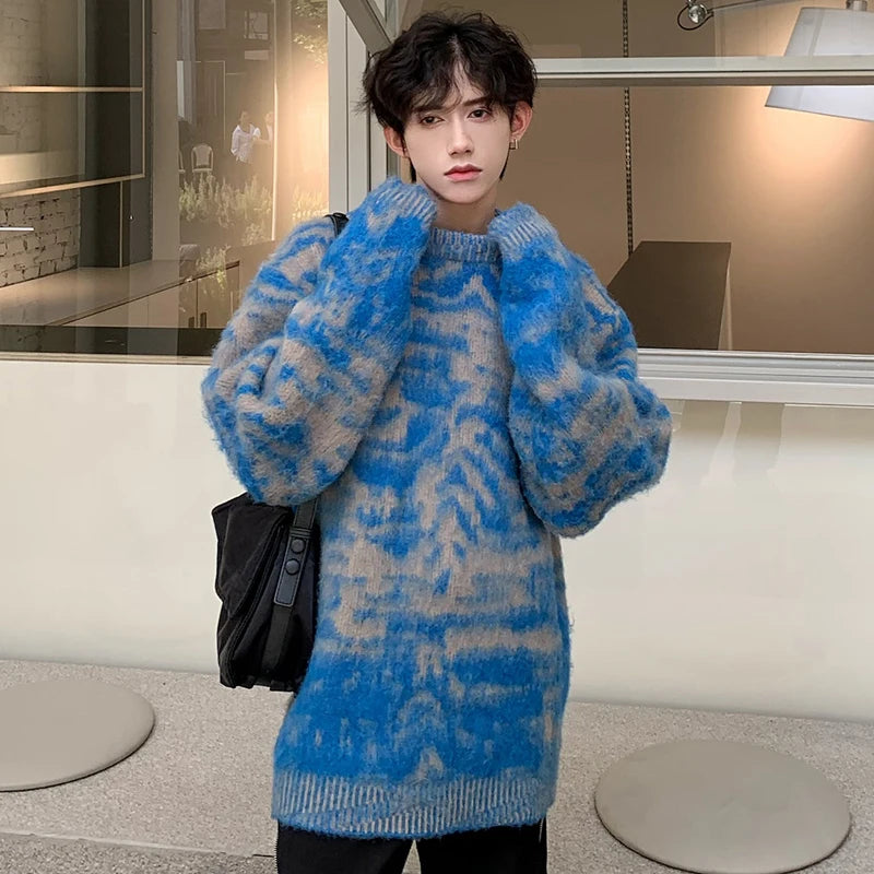 Blue Contrast Color Round Collar Sweater