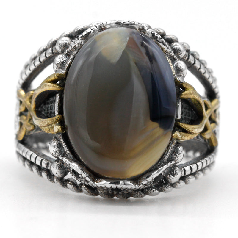 Sterling Silver Ocean Agate Stone Vine Punk Style Men Fashion Ring