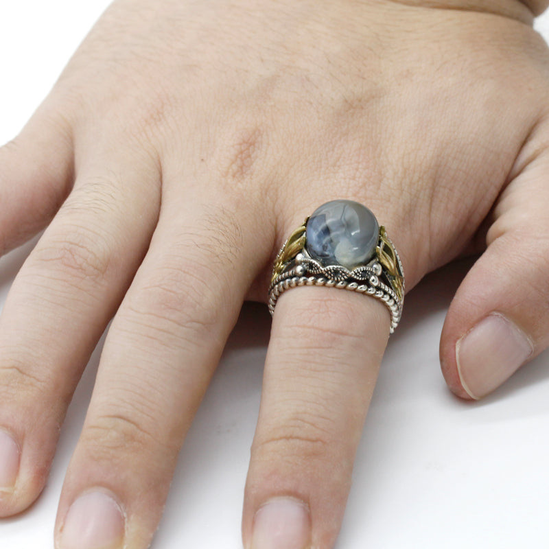 Sterling Silver Ocean Agate Stone Vine Punk Style Men Fashion Ring