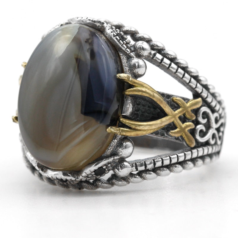 Sterling Silver Ocean Agate Stone Vine Punk Style Men Fashion Ring