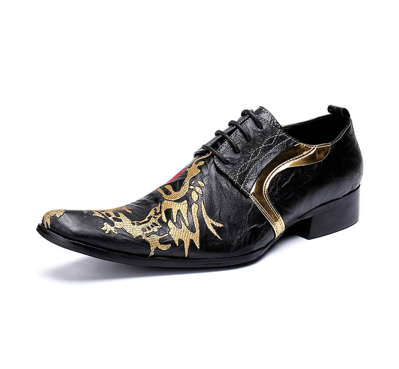 Fancy Black with Gold Painting Lace Up Details Hombres Zapatos de vestir