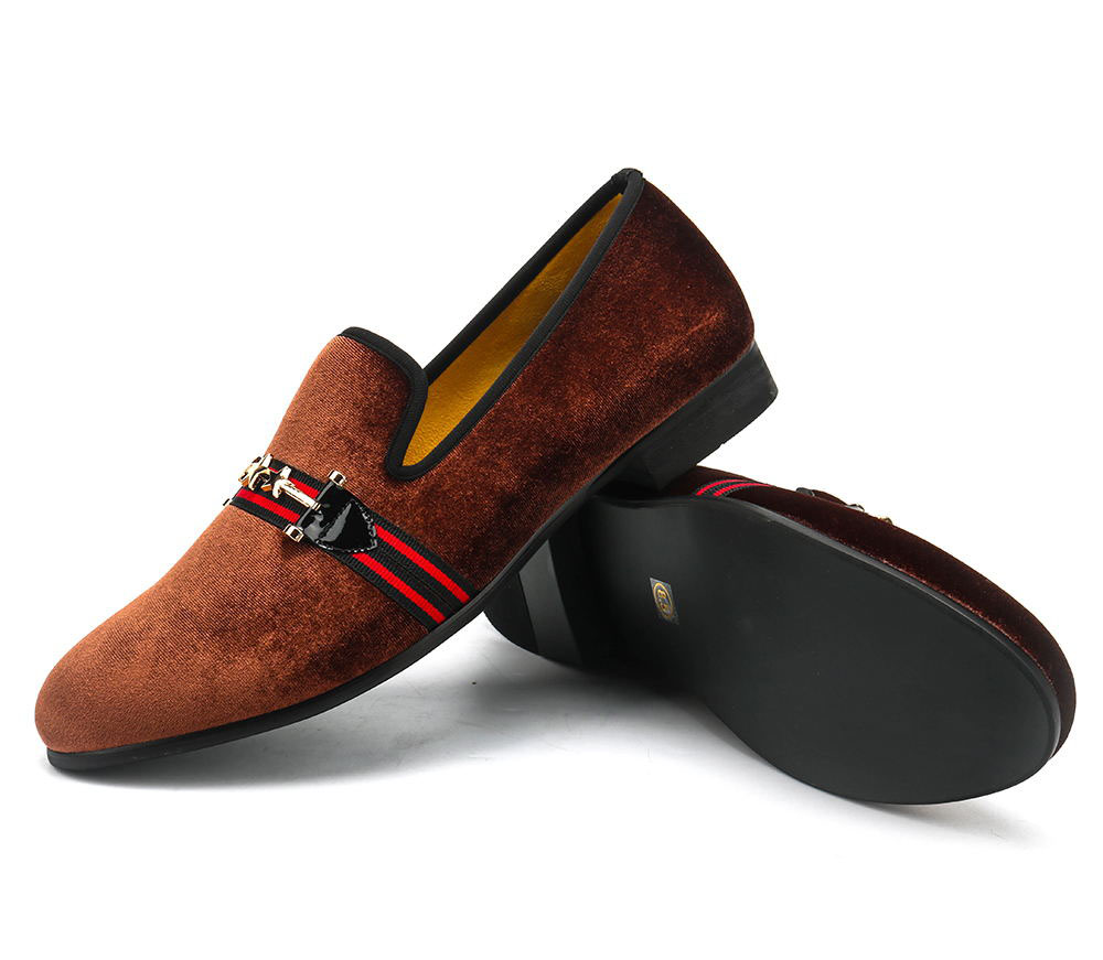 Brown Velvet Red Ribbon Detail Men Shoes