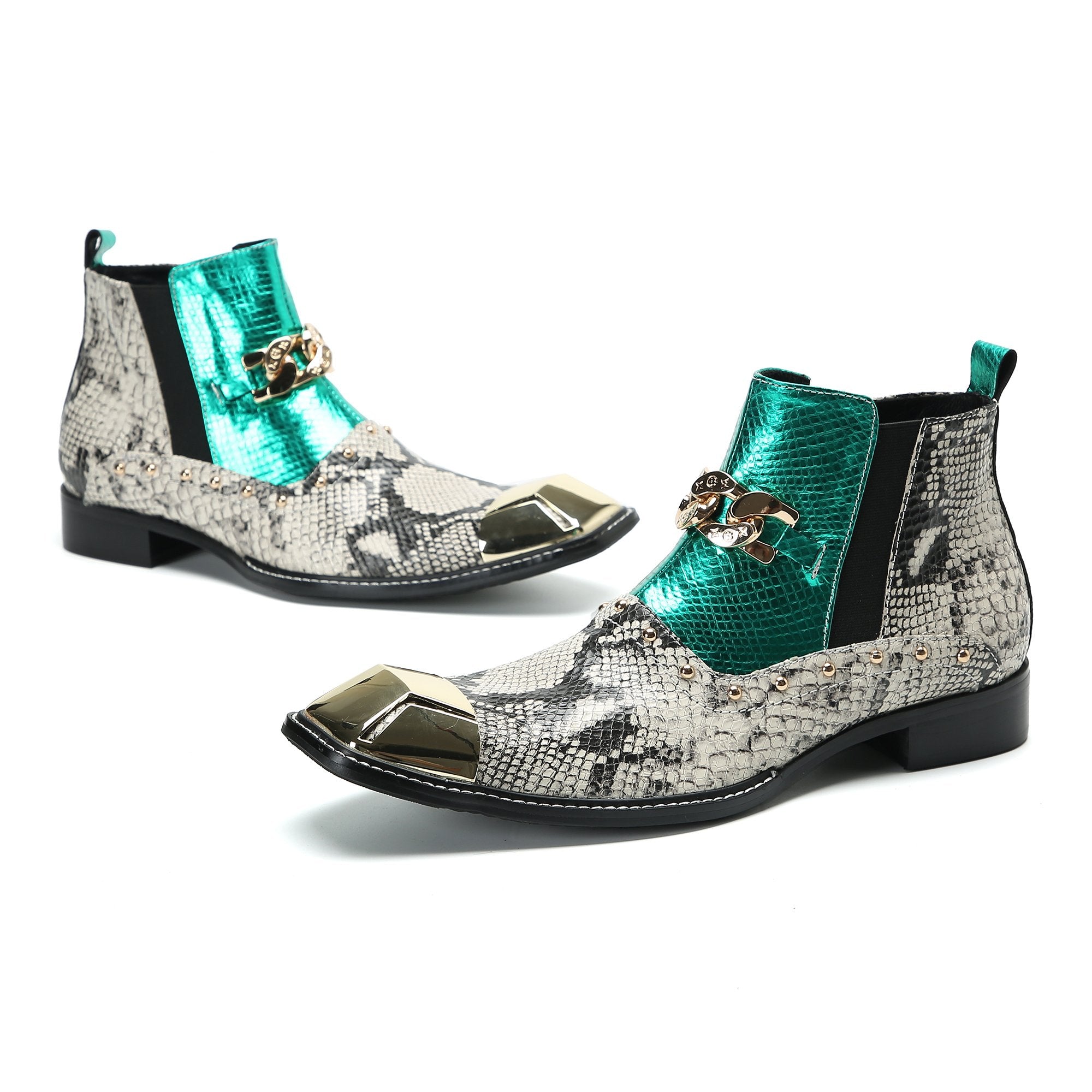 Snake Pattern Metal Appliques Genuine Leather Boots