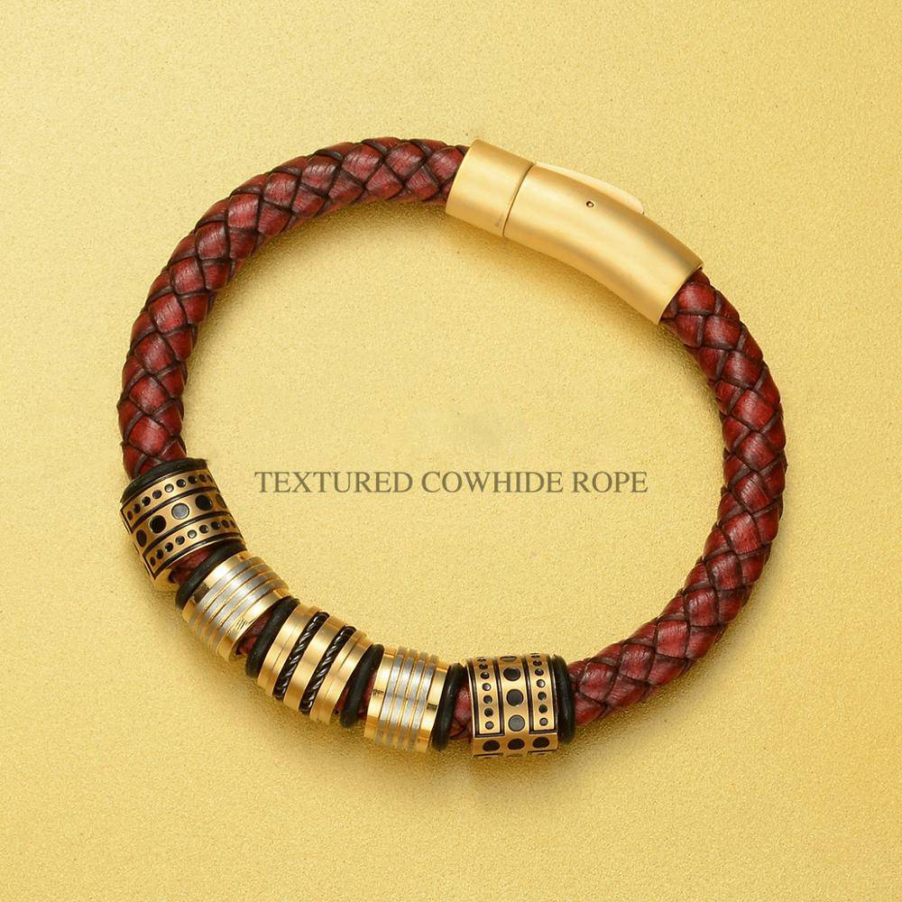 Pulsera de hombre de cuero de grano completo trenzado marrón rojo con cuentas de acero inoxidable