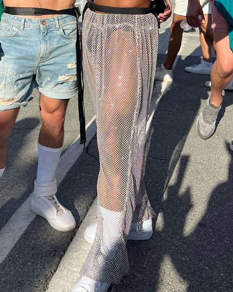 Pantalon de jogging élastique transparent en maille patchwork