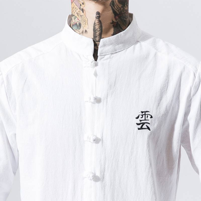 Chinese Style Linen Solid Long Sleeved Casual Men Shirts