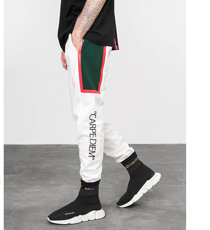 White Casual with Letter Side Printed Striped Men Pants