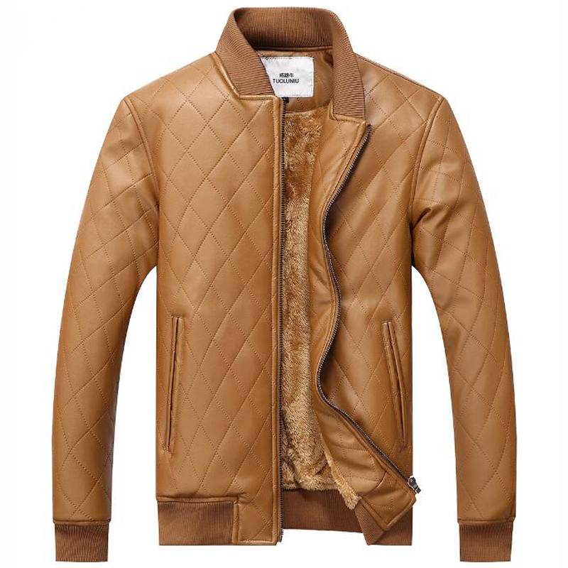 Solid Warm Fleece Plaid Stand Collar Hommes Veste en cuir PU