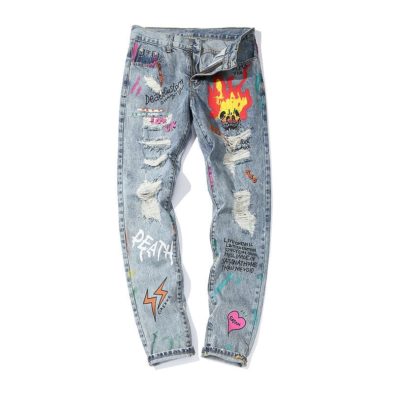 Hip Hop Graffiti Printed Ripped Hole Style Men Jeans