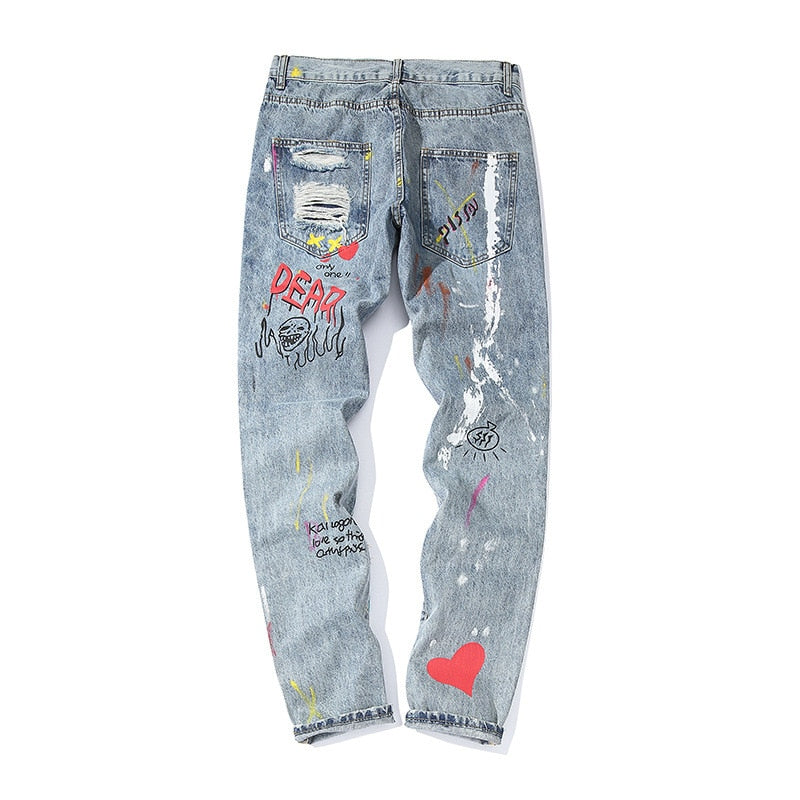 Hip Hop Graffiti Printed Ripped Hole Style Men Jeans