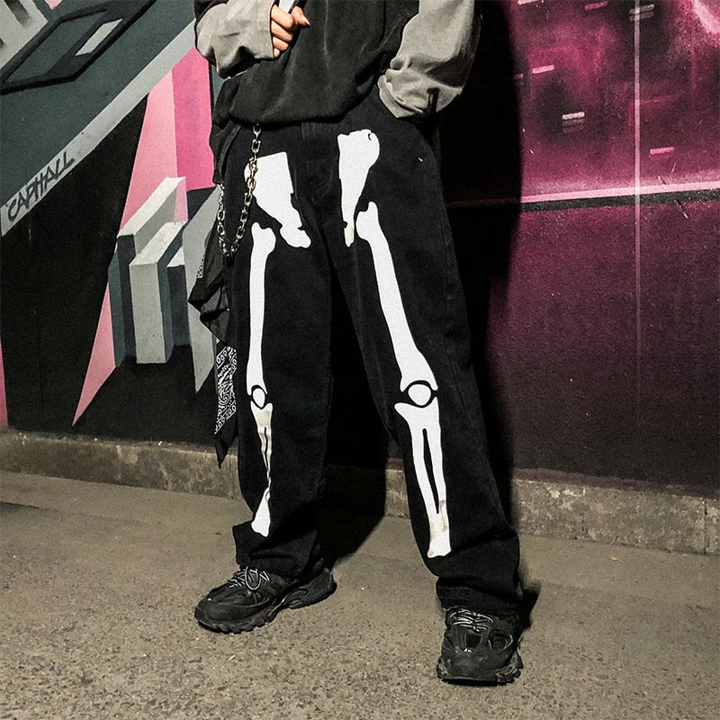 Hip Hop Baggy Skull Printed Streetwear Skateboard Style Men Jeans