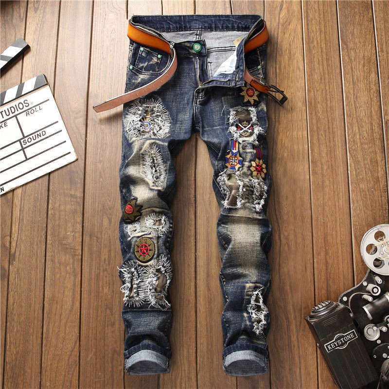 Punk Flower Embroidery Ripped Patchwork Design Men Jeans