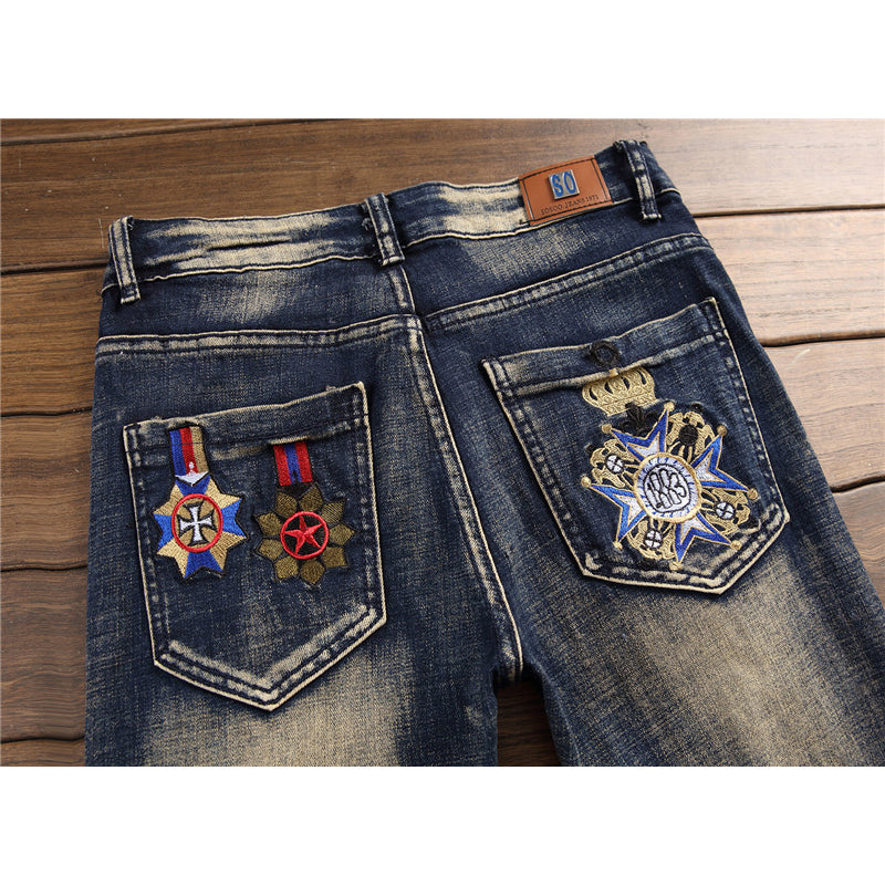 Punk Flower Embroidery Ripped Patchwork Design Men Jeans