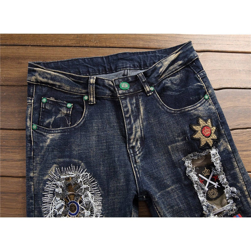 Punk Flower Embroidery Ripped Patchwork Design Men Jeans
