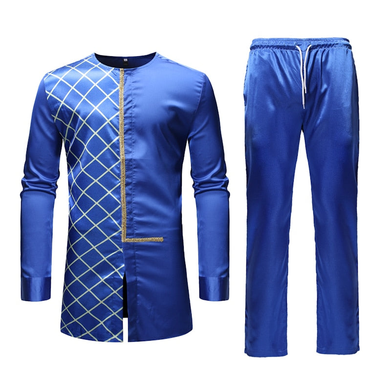 Ensemble de chemise et de pantalon pour hommes de style africain Dashiki bleu brillant