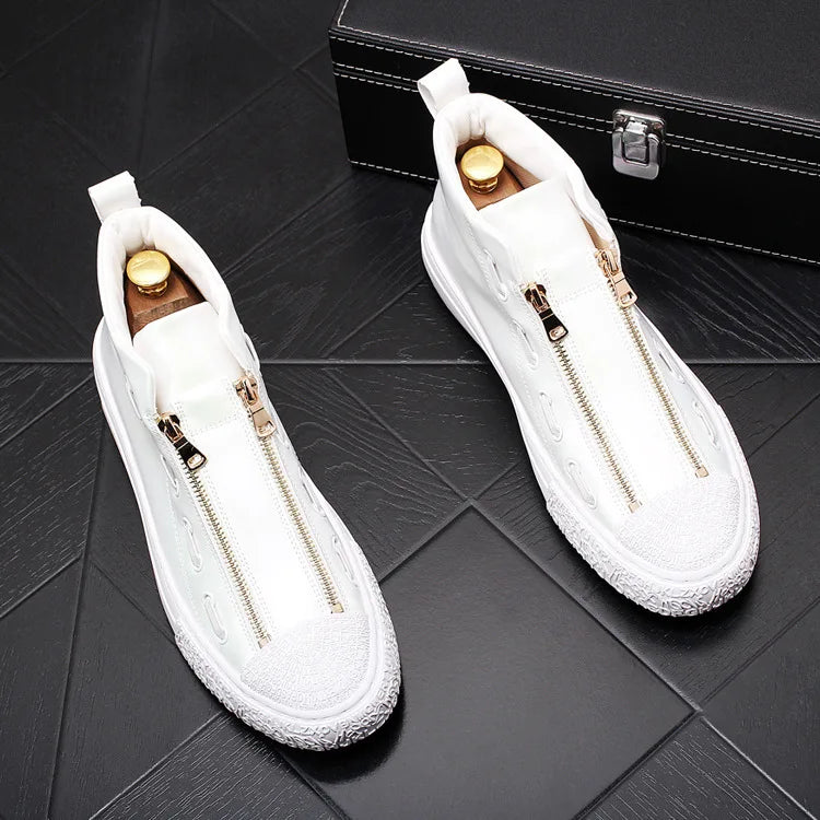 Solid Zipper Leather High-Top Sneakers