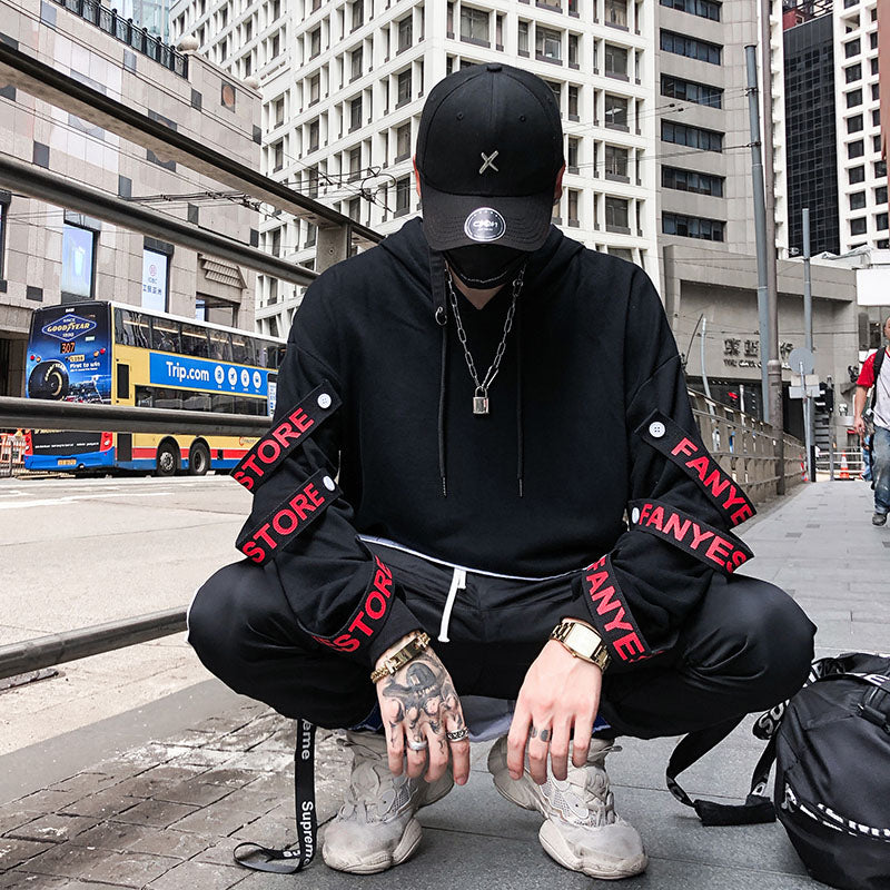 Casual Hoodies Fake Double Pieces Multi Ribbons Men Sweatshirts