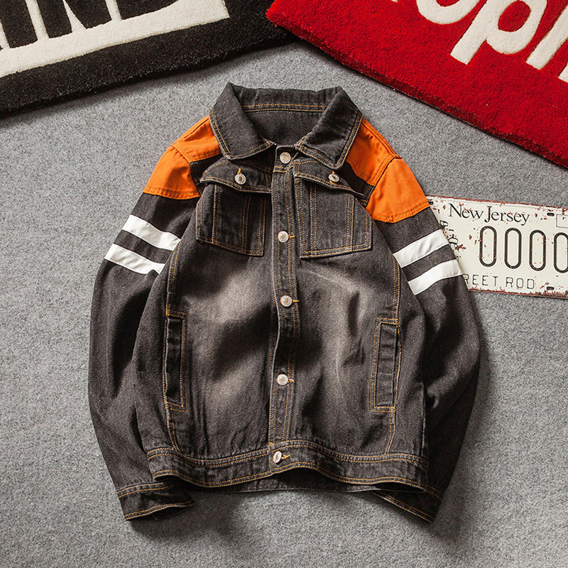 Harajuku Style Men Denim Jacket With Contrast Color Shoulder Patchwork Details - FanFreakz