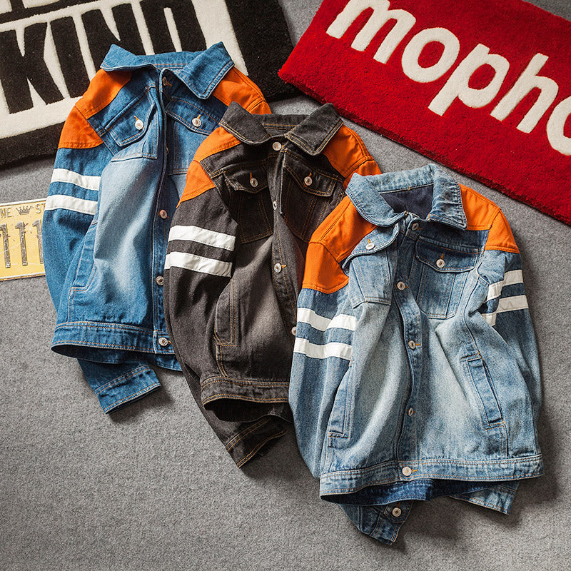 Harajuku Style Men Denim Jacket With Contrast Color Shoulder Patchwork Details - FanFreakz