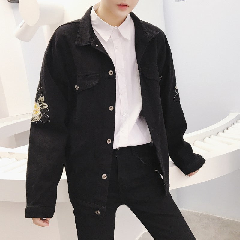 Flower Wreath Back Loose Denim Men Black Jacket