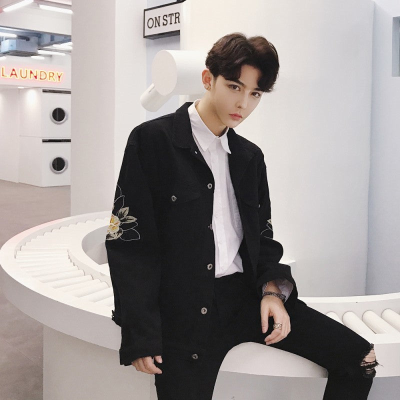 Flower Wreath Back Loose Denim Men Black Jacket