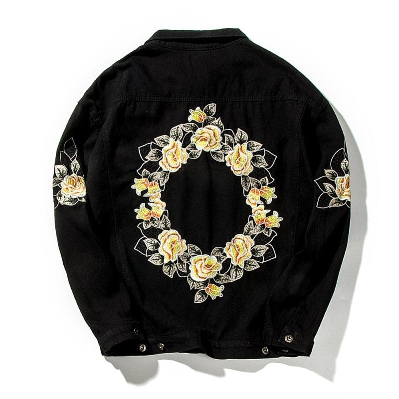 Flower Wreath Back Loose Denim Men Black Jacket