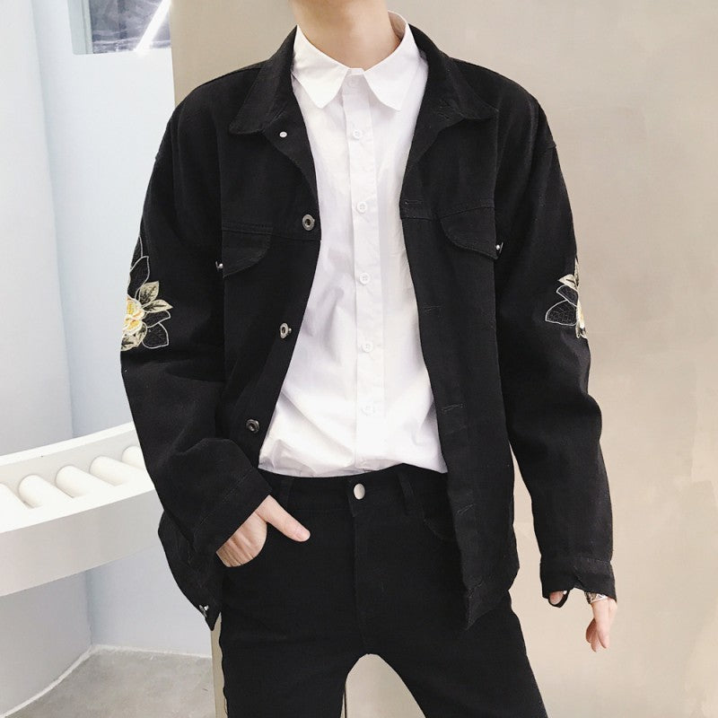Flower Wreath Back Loose Denim Men Black Jacket