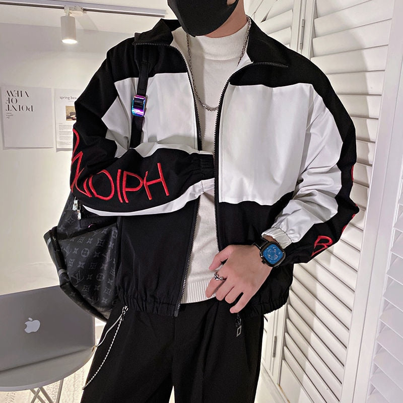 Chaqueta de poliéster de manga larga negra y blanca