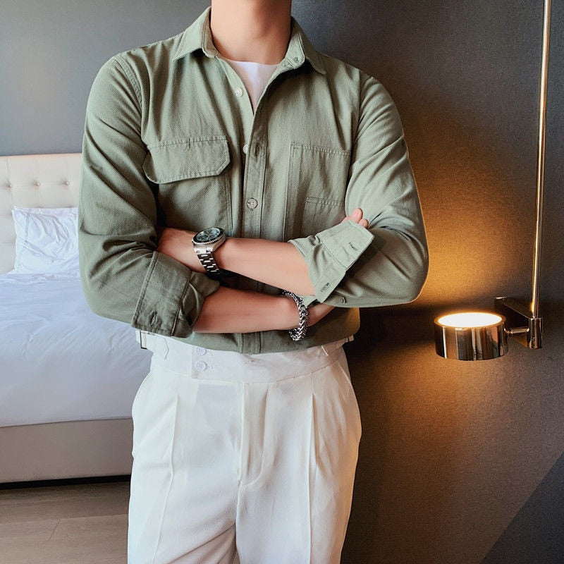 Solid Color Double Pockets Decorated Shirt