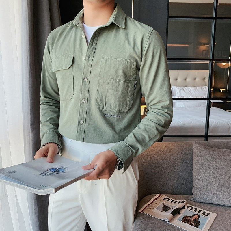 Solid Color Double Pockets Decorated Shirt