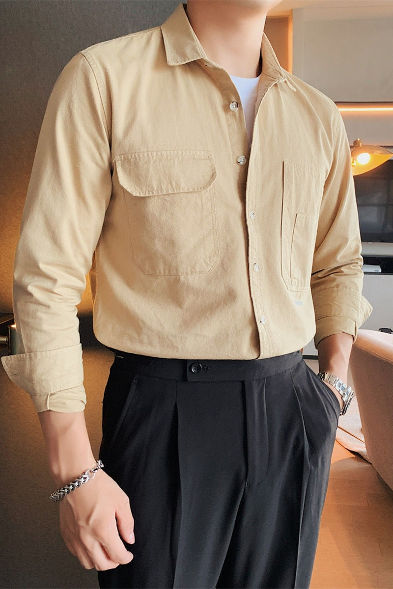 Solid Color Double Pockets Decorated Shirt