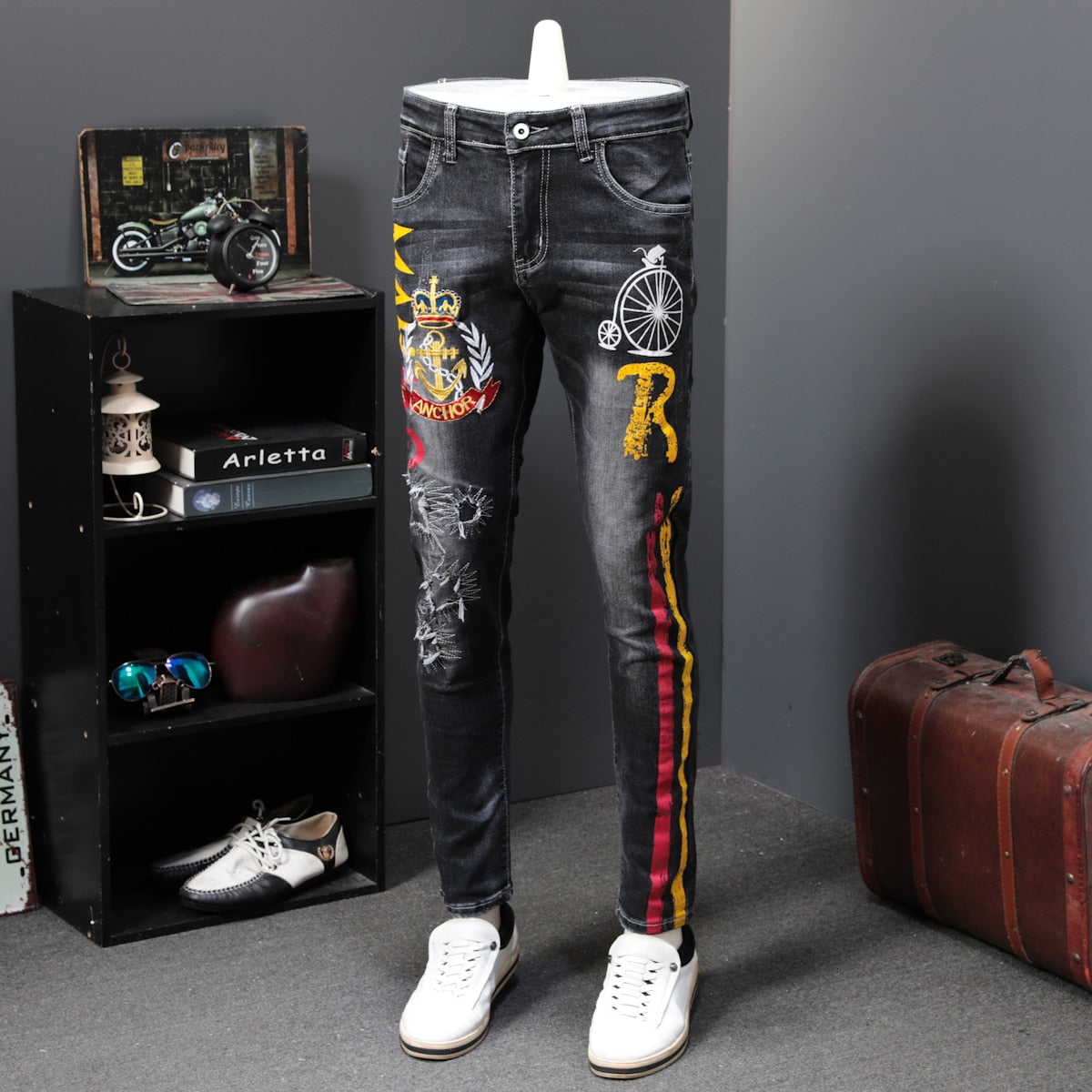 Black Ash with Colored Drawing Anchor Print Men Jeans
