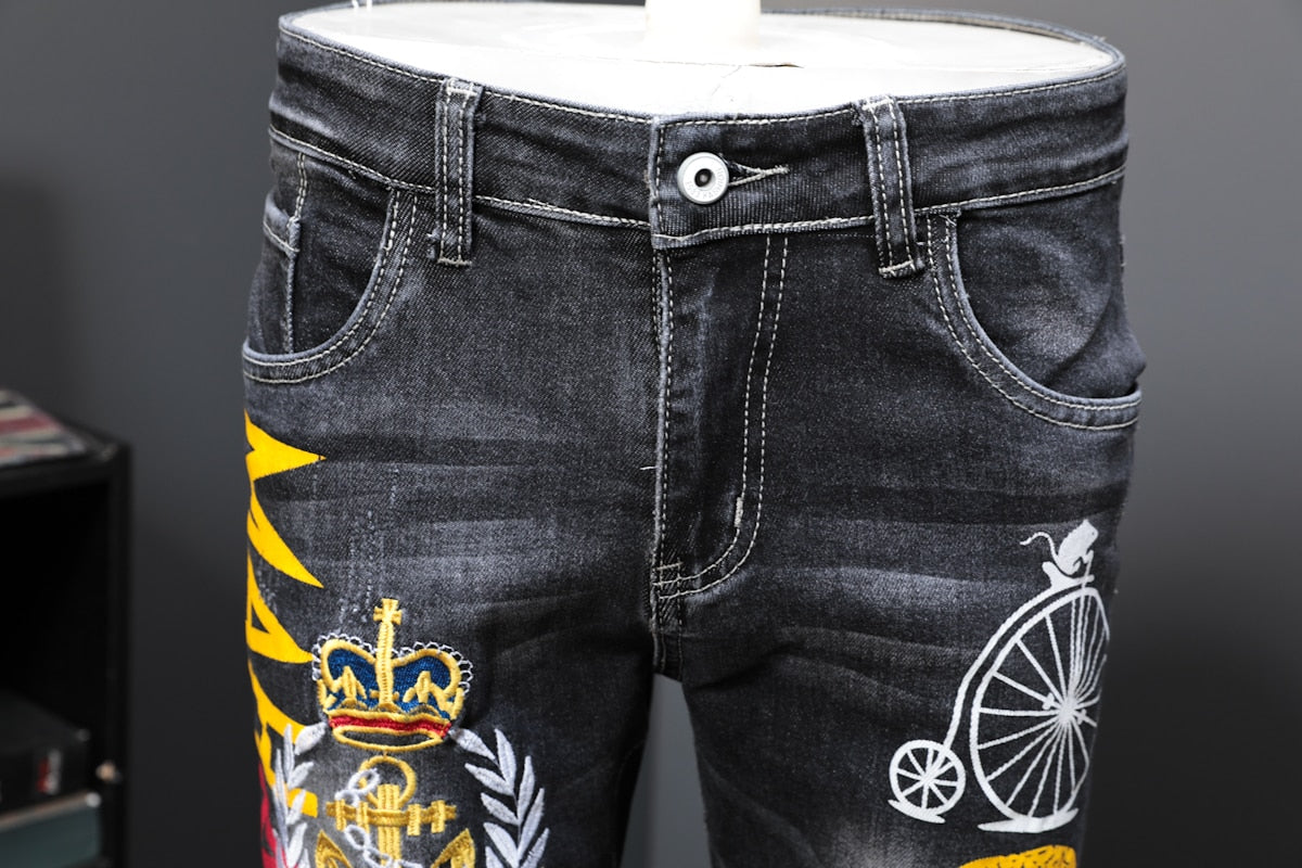 Black Ash with Colored Drawing Anchor Print Men Jeans