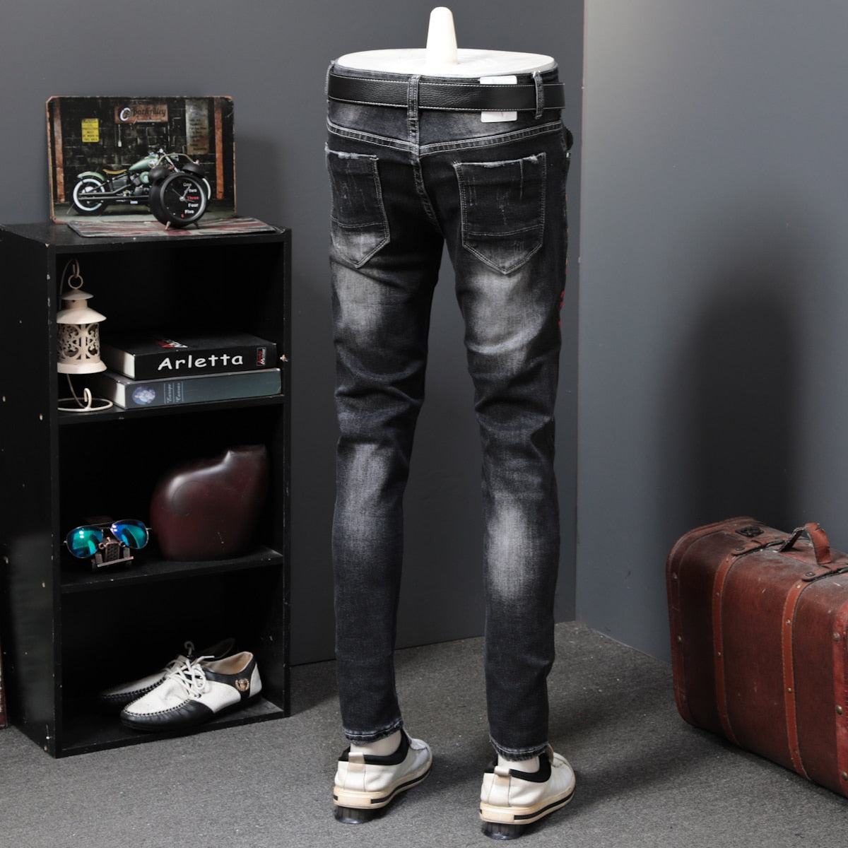 Black Ash with Colored Drawing Anchor Print Men Jeans