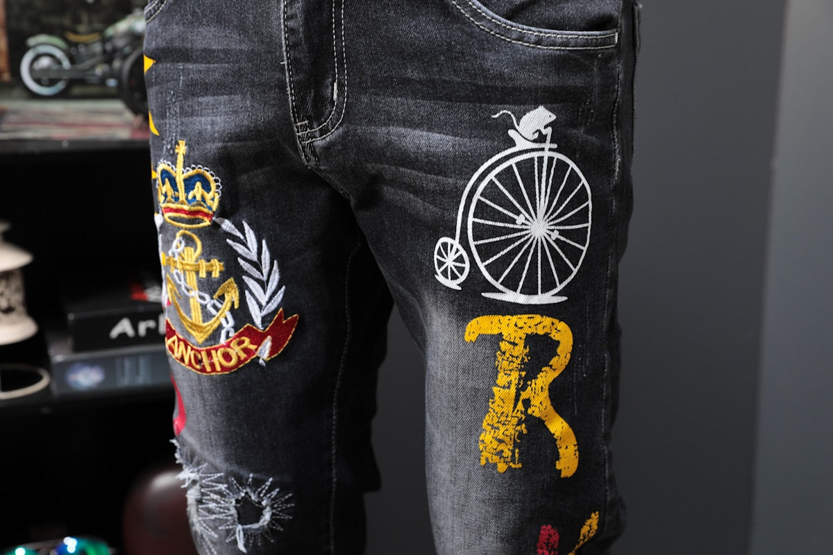 Black Ash with Colored Drawing Anchor Print Men Jeans