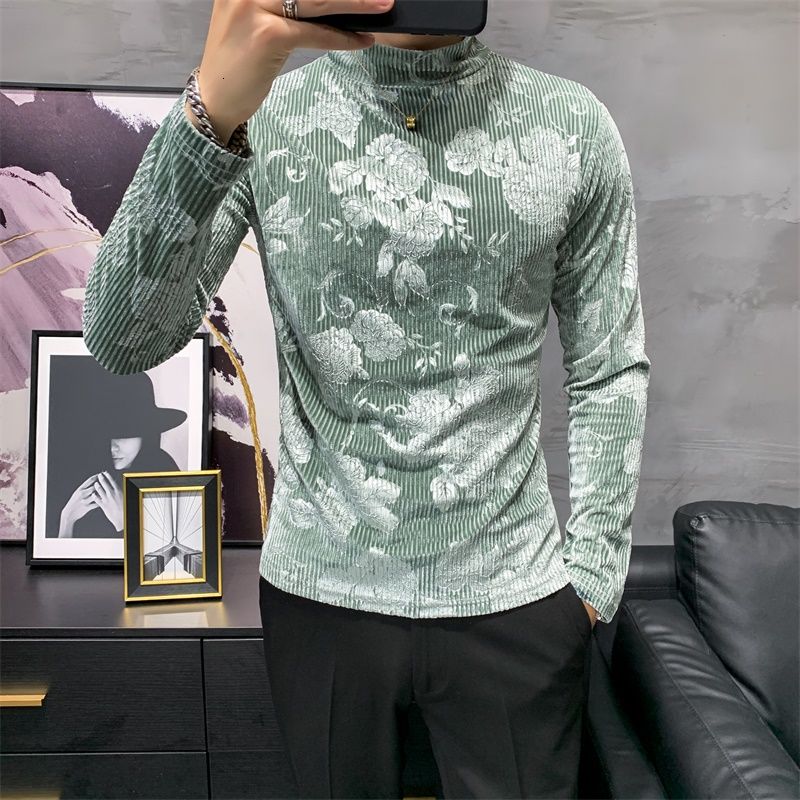 Flower Printed Solid Color Long Sleeve Turtleneck T-Shirt