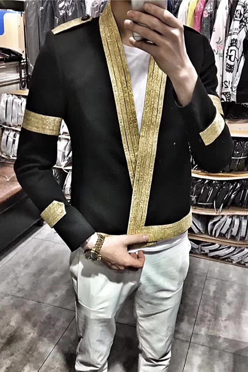 Black Gold V Lapel Stage Costume Style Men Blazer