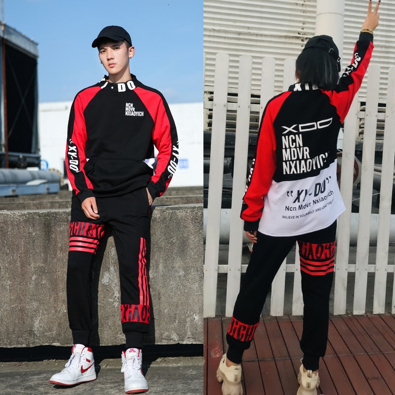 Casual Hi Neck Streetwear Patch Hip Hop Style Hombres Sudadera y pantalón
